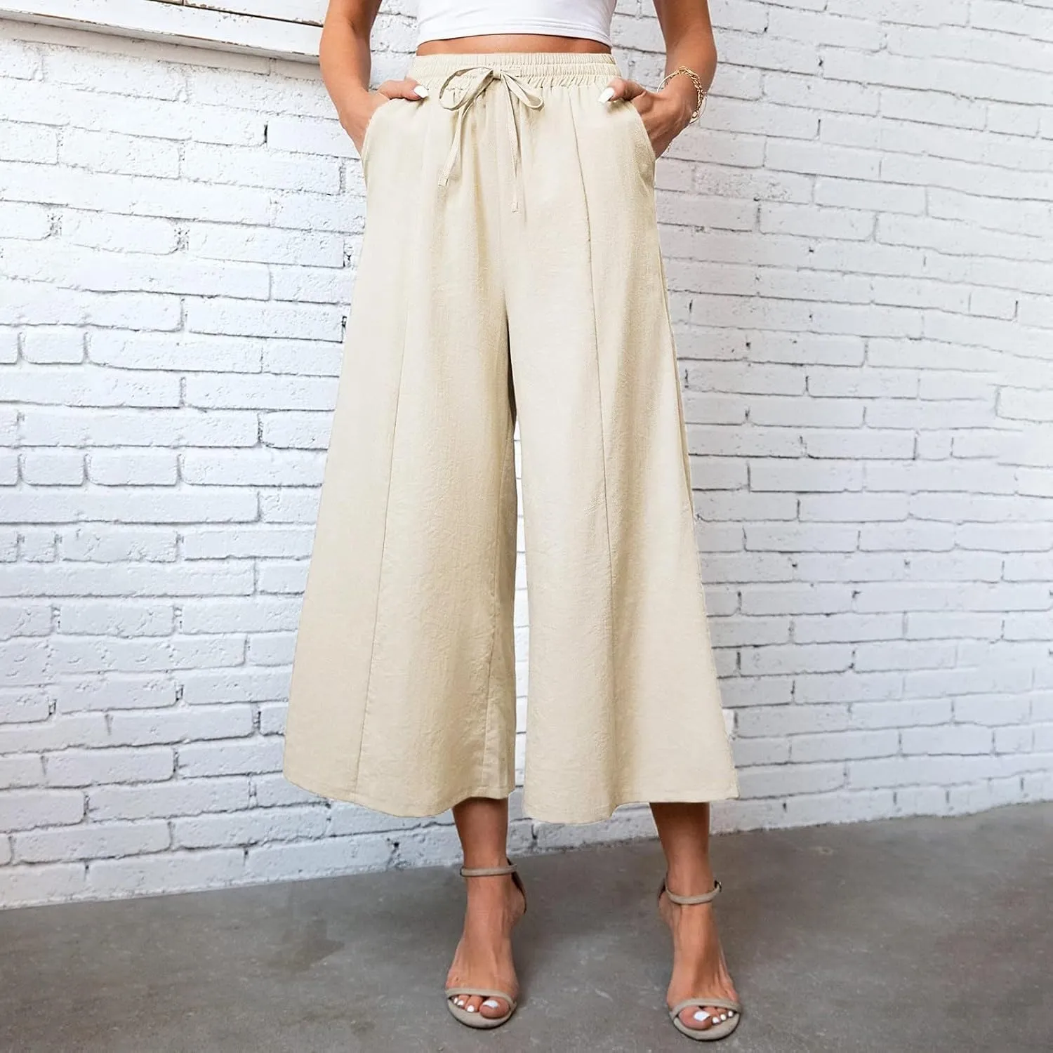 Womens Linen Summer Palazzo Palazzo Pants Elastic Waisted Lounge Pants Plus Size Pant Trousers Office
