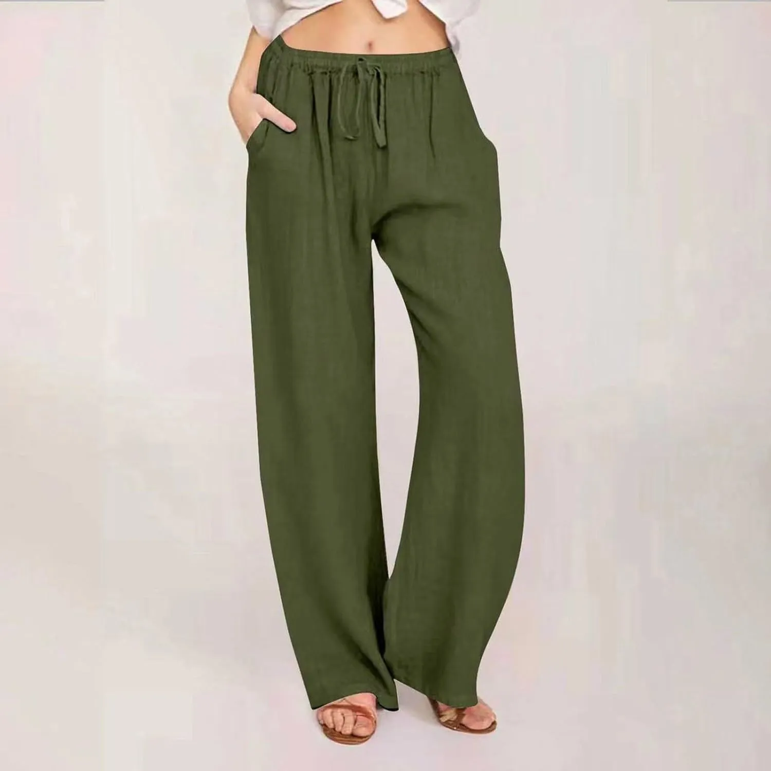 Women's Linen Summer Y2K Fashion Palazzo Pants Elastic Waisted Straight Plus Size Trouser Vacation