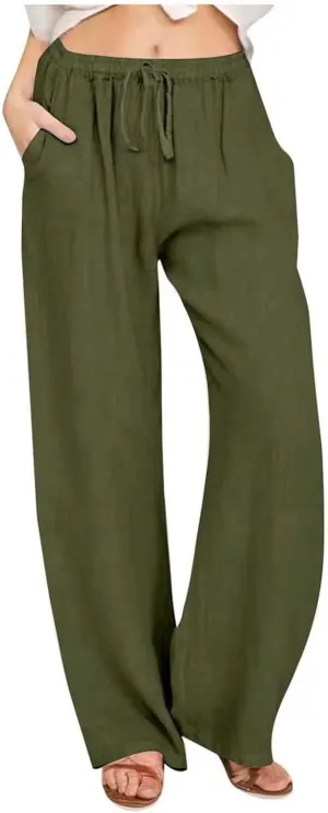 Women's Linen Summer Y2K Fashion Palazzo Pants Elastic Waisted Straight Plus Size Trouser Vacation