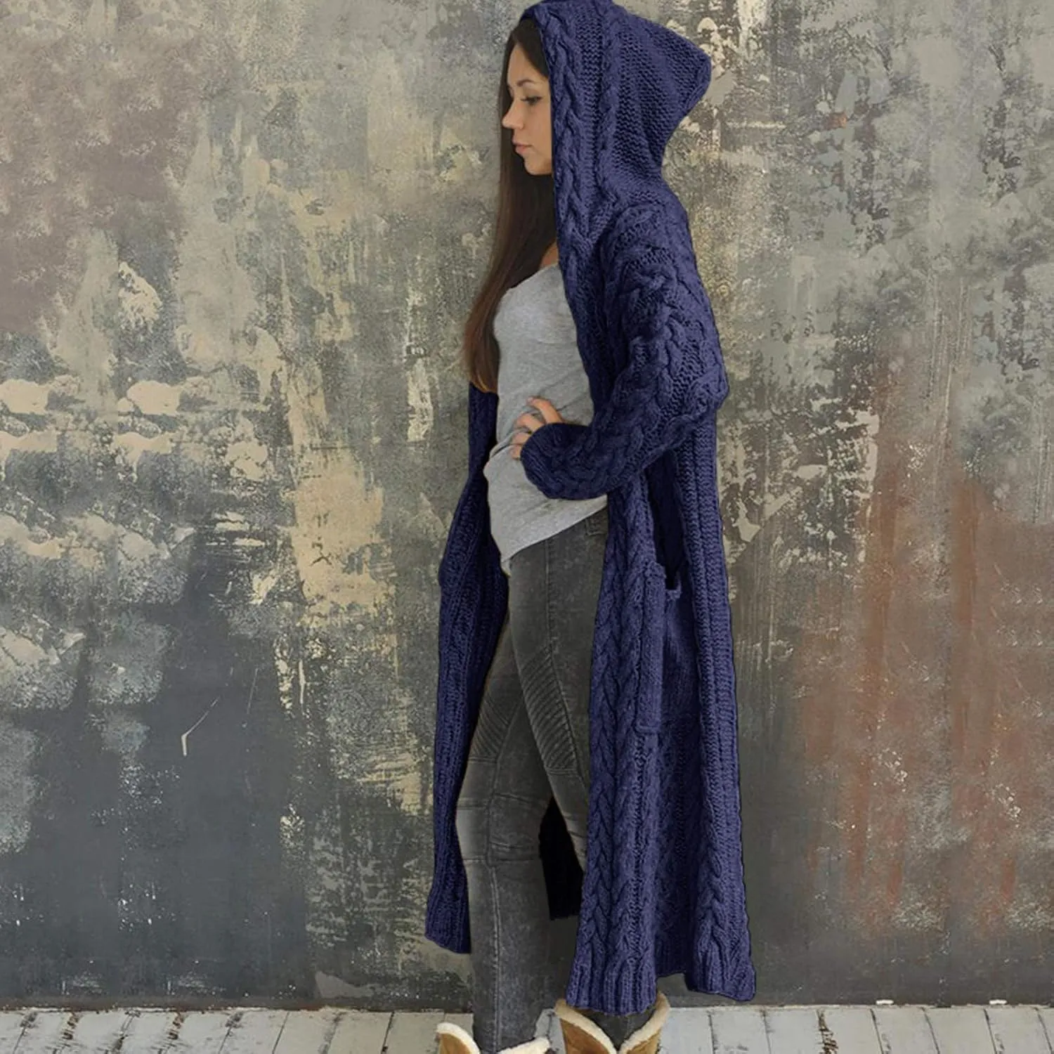 Womens Long Cardigan Sweaters Open Front Oversize Casual Cable Knit Hoodies Long Sleeve Fashion Winter Coats Pockets