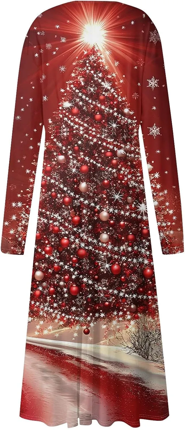 Womens Long Sleeve Trendy Dresses 2024 V-Neck Dressy Midi Casual Christmas Printed Fashion Swing Dress