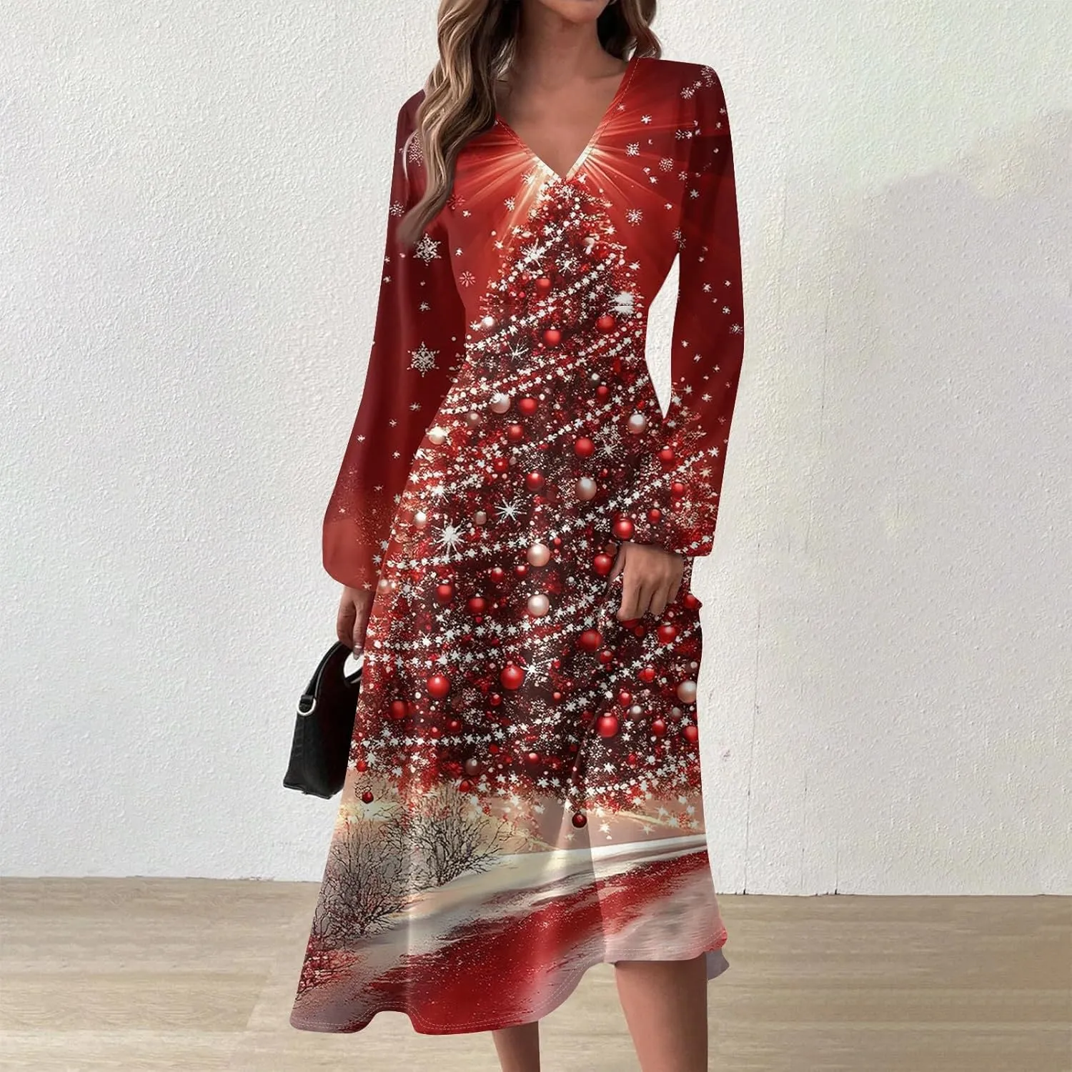 Womens Long Sleeve Trendy Dresses 2024 V-Neck Dressy Midi Casual Christmas Printed Fashion Swing Dress