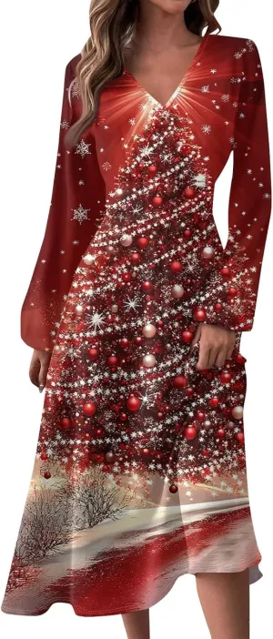 Womens Long Sleeve Trendy Dresses 2024 V-Neck Dressy Midi Casual Christmas Printed Fashion Swing Dress