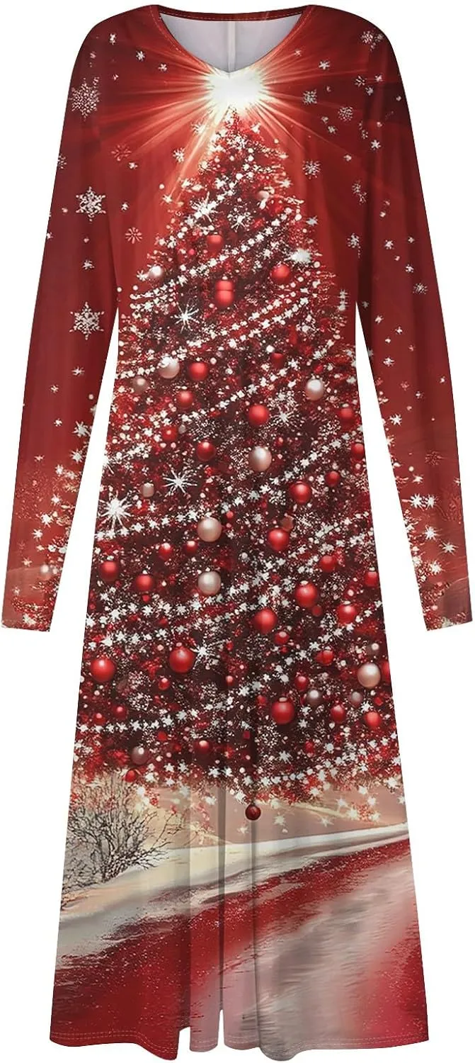 Womens Long Sleeve Trendy Dresses 2024 V-Neck Dressy Midi Casual Christmas Printed Fashion Swing Dress