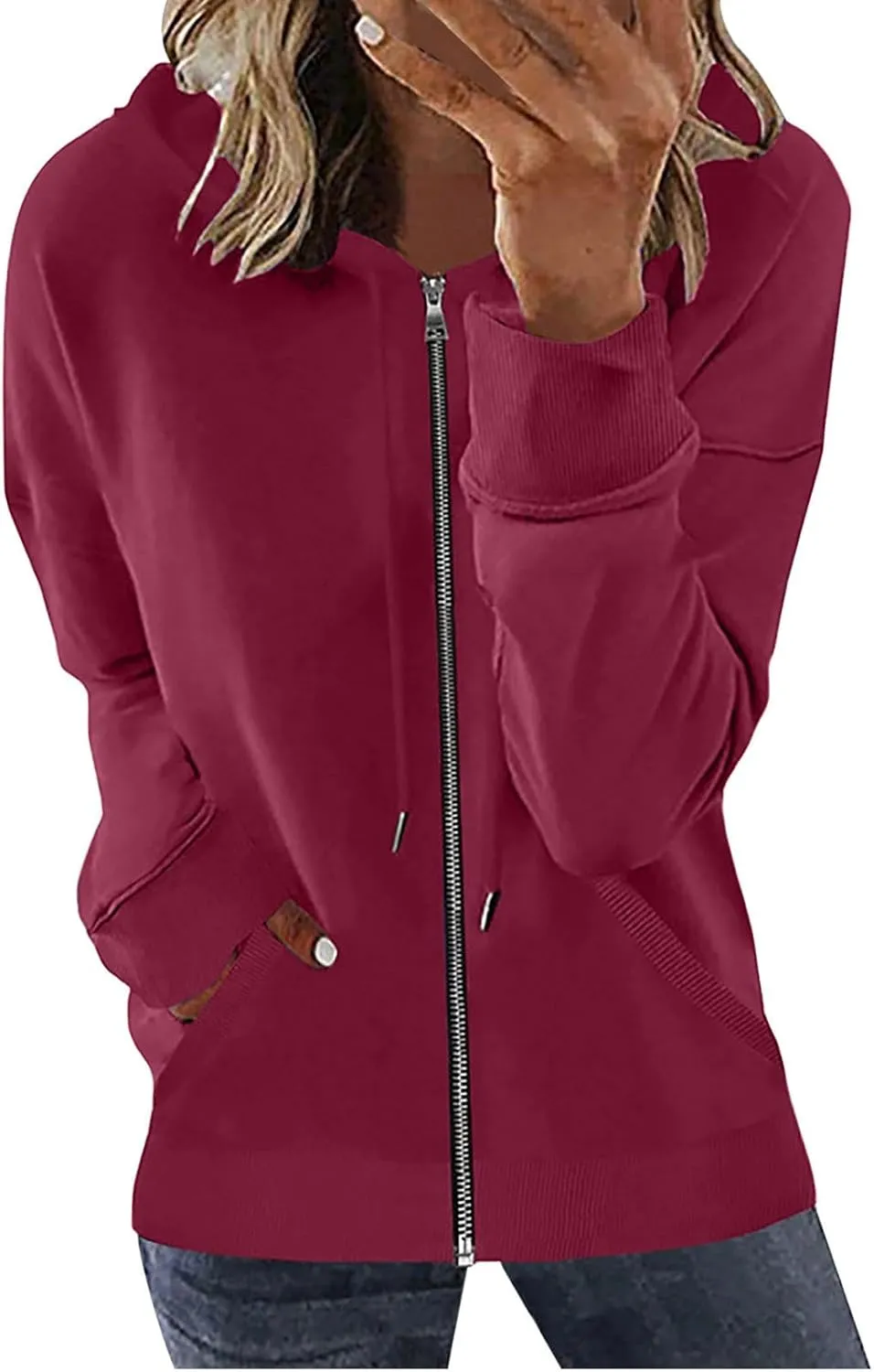 Women's Loose Zip Up Hoodie Oversized Long Sleeve Solid Drawstring Hooded Sweatshirt Jackets Y2K Casual Outwear