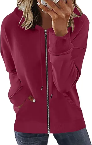 Women's Loose Zip Up Hoodie Oversized Long Sleeve Solid Drawstring Hooded Sweatshirt Jackets Y2K Casual Outwear