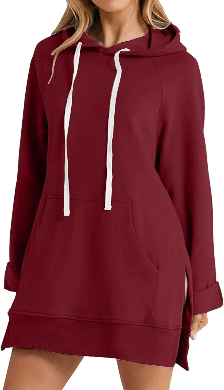 Women's Oversized Hoodie Dress Casual Pullover Long Sleeve Split Hem Sweatshirts Drawstring Hoodies Dress With Pocket