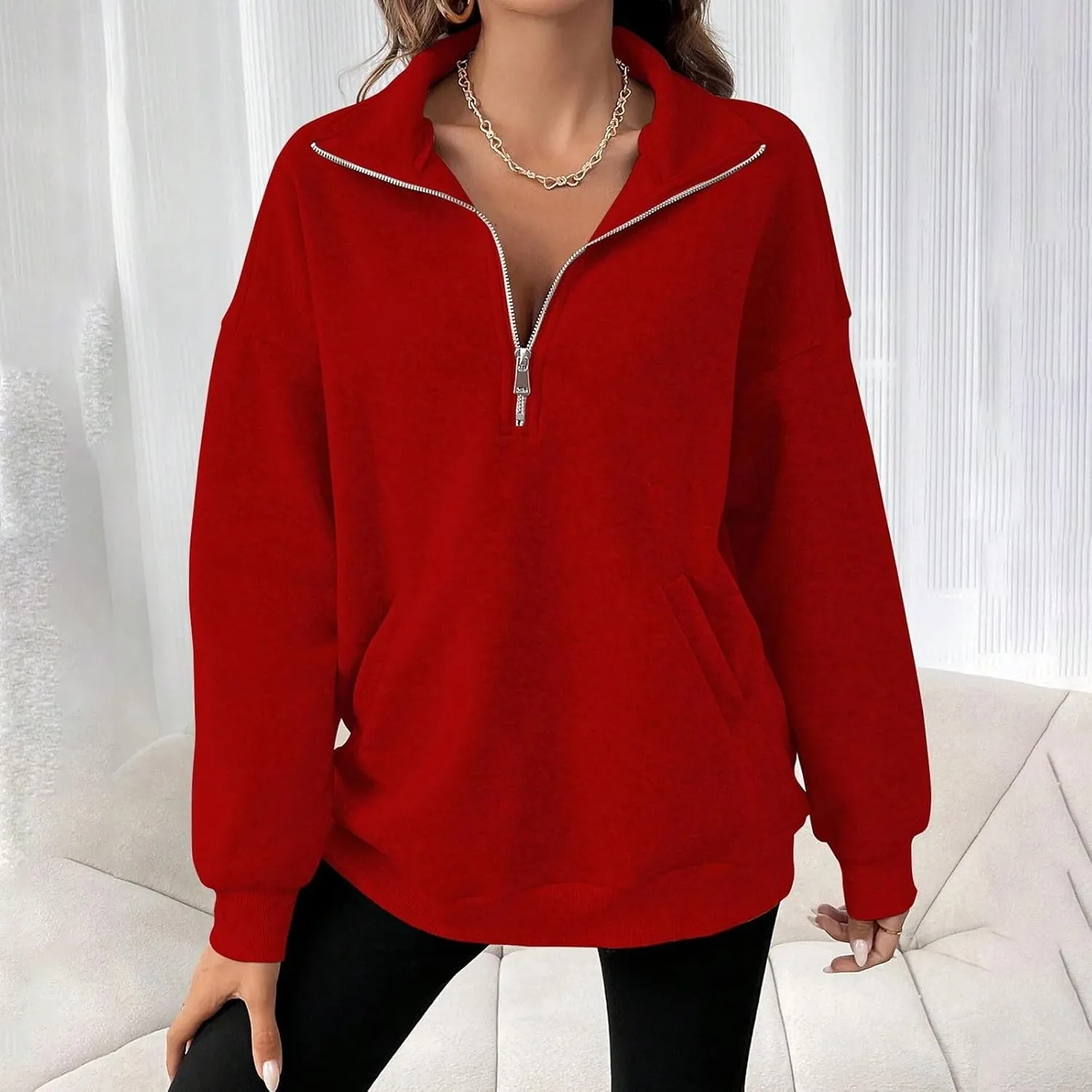 Womens Oversized Hoodie Sweatshirts Top Long Sleeve Quarter Zip Fall Tunic Pullover Trendy Teen Girls Preppy Clothes