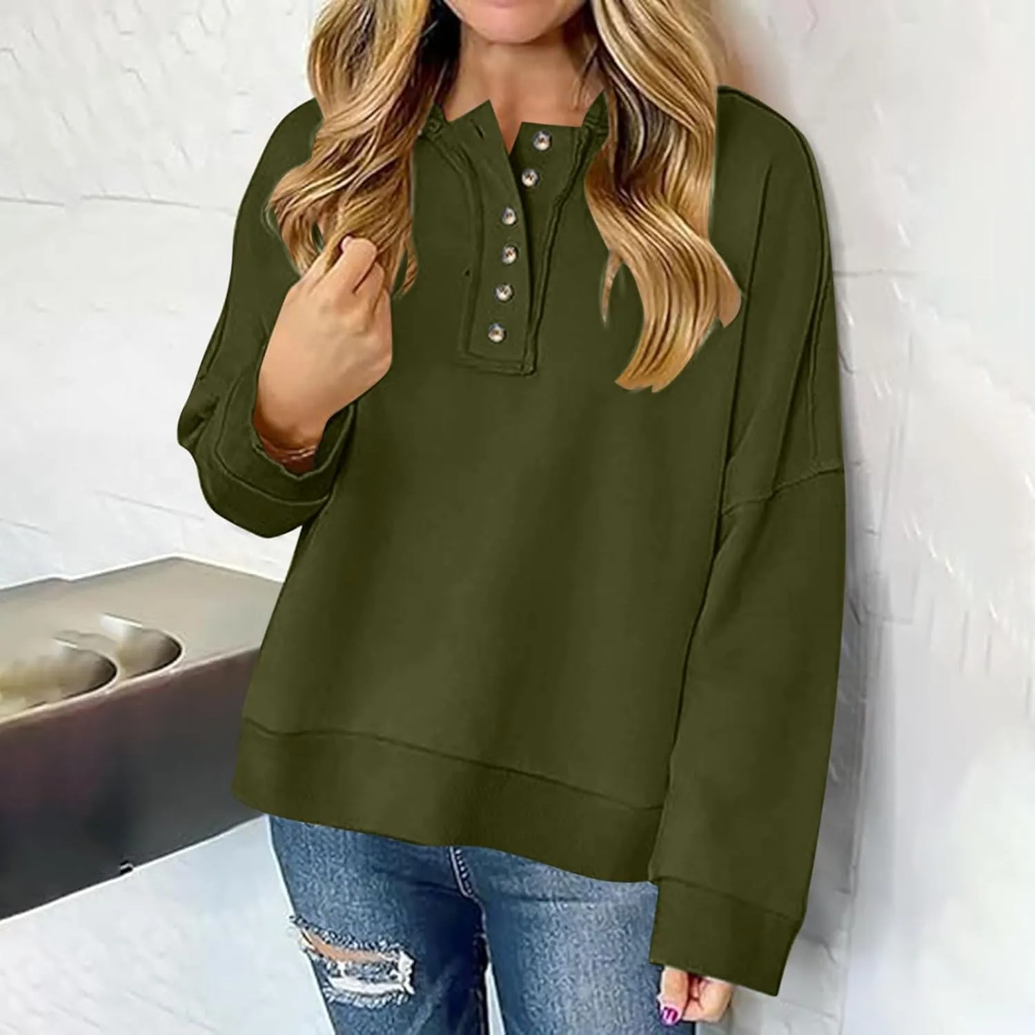 Womens Oversized Sweatshirt Long Sleeve V Neck Button Hoodie Casual Loose Fit Lightweight Sweatshirt Pullover Tops