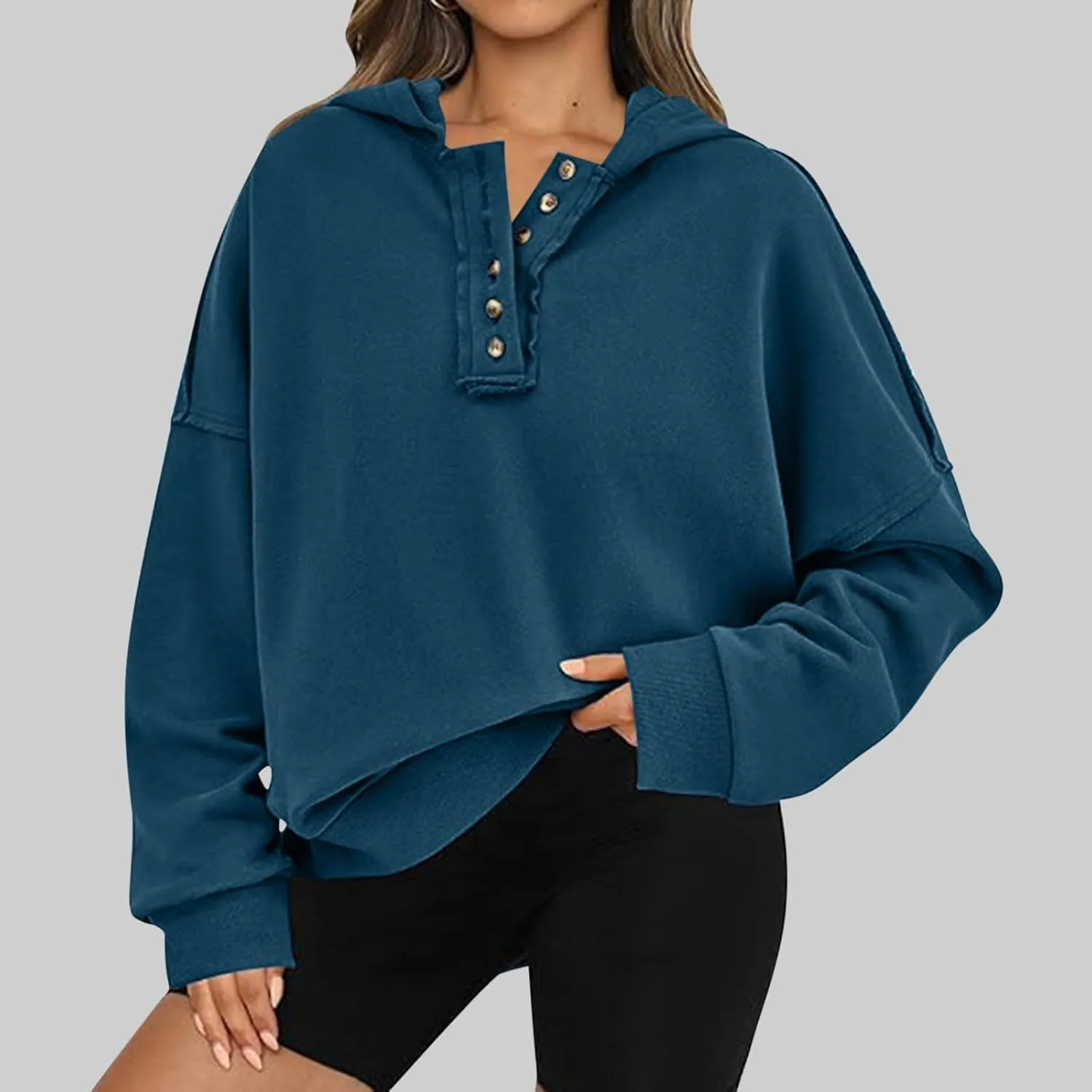 Womens Oversized Sweatshirt Long Sleeve V Neck Button Hoodie Casual Loose Fit Lightweight Sweatshirt Pullover Tops