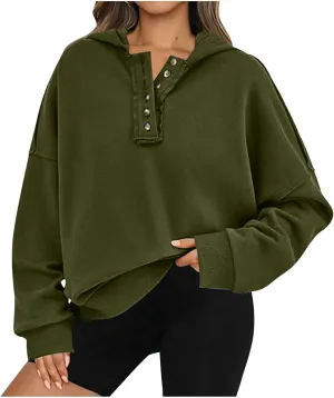Womens Oversized Sweatshirt Long Sleeve V Neck Button Hoodie Casual Loose Fit Lightweight Sweatshirt Pullover Tops