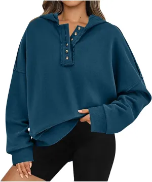 Womens Oversized Sweatshirt Long Sleeve V Neck Button Hoodie Casual Loose Fit Lightweight Sweatshirt Pullover Tops