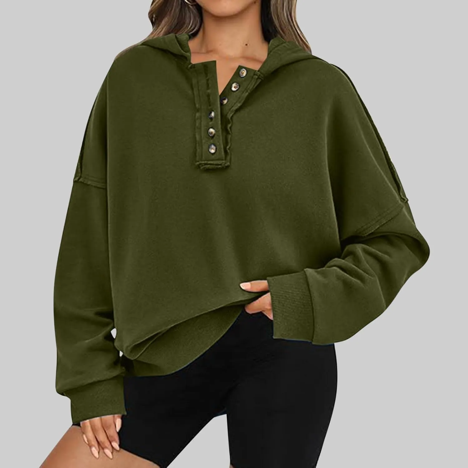 Womens Oversized Sweatshirt Long Sleeve V Neck Button Hoodie Casual Loose Fit Lightweight Sweatshirt Pullover Tops