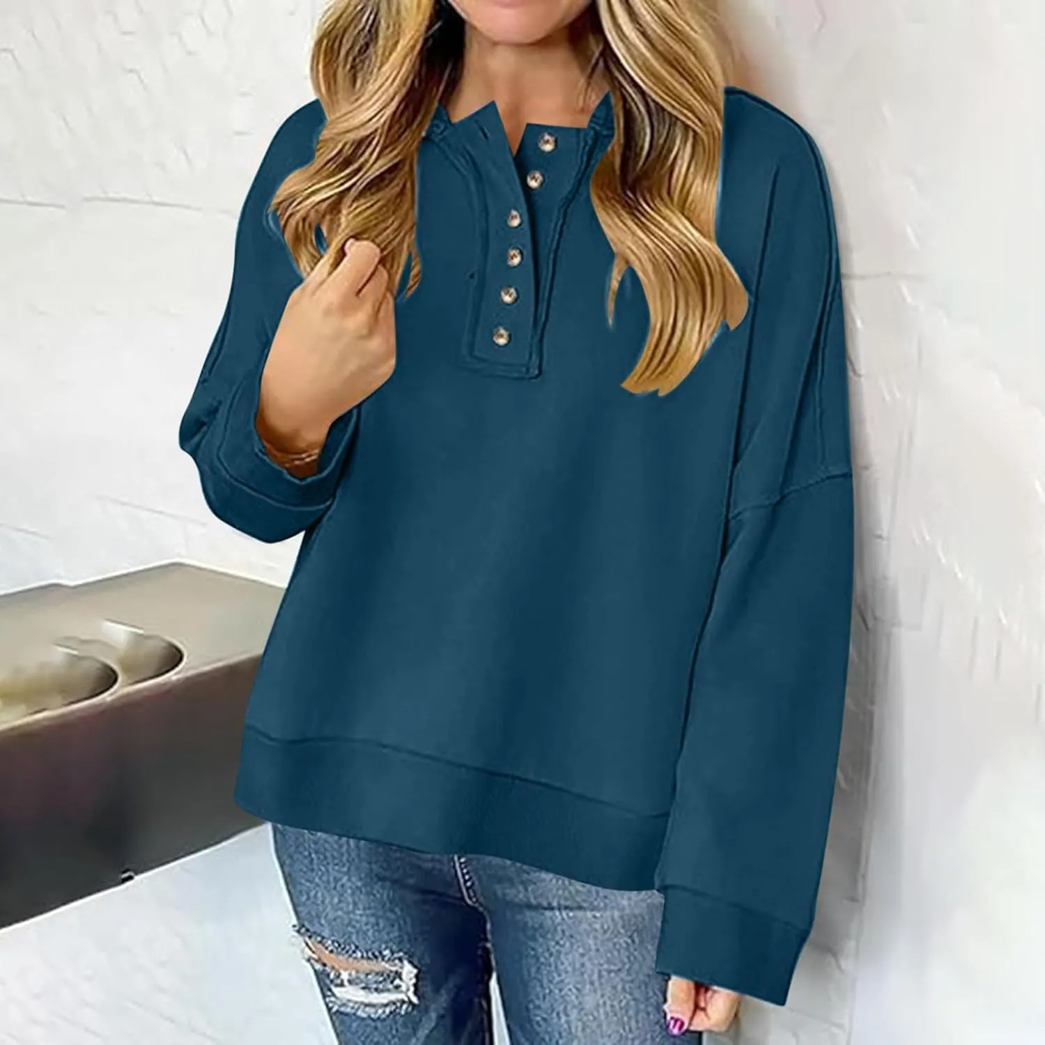 Womens Oversized Sweatshirt Long Sleeve V Neck Button Hoodie Casual Loose Fit Lightweight Sweatshirt Pullover Tops
