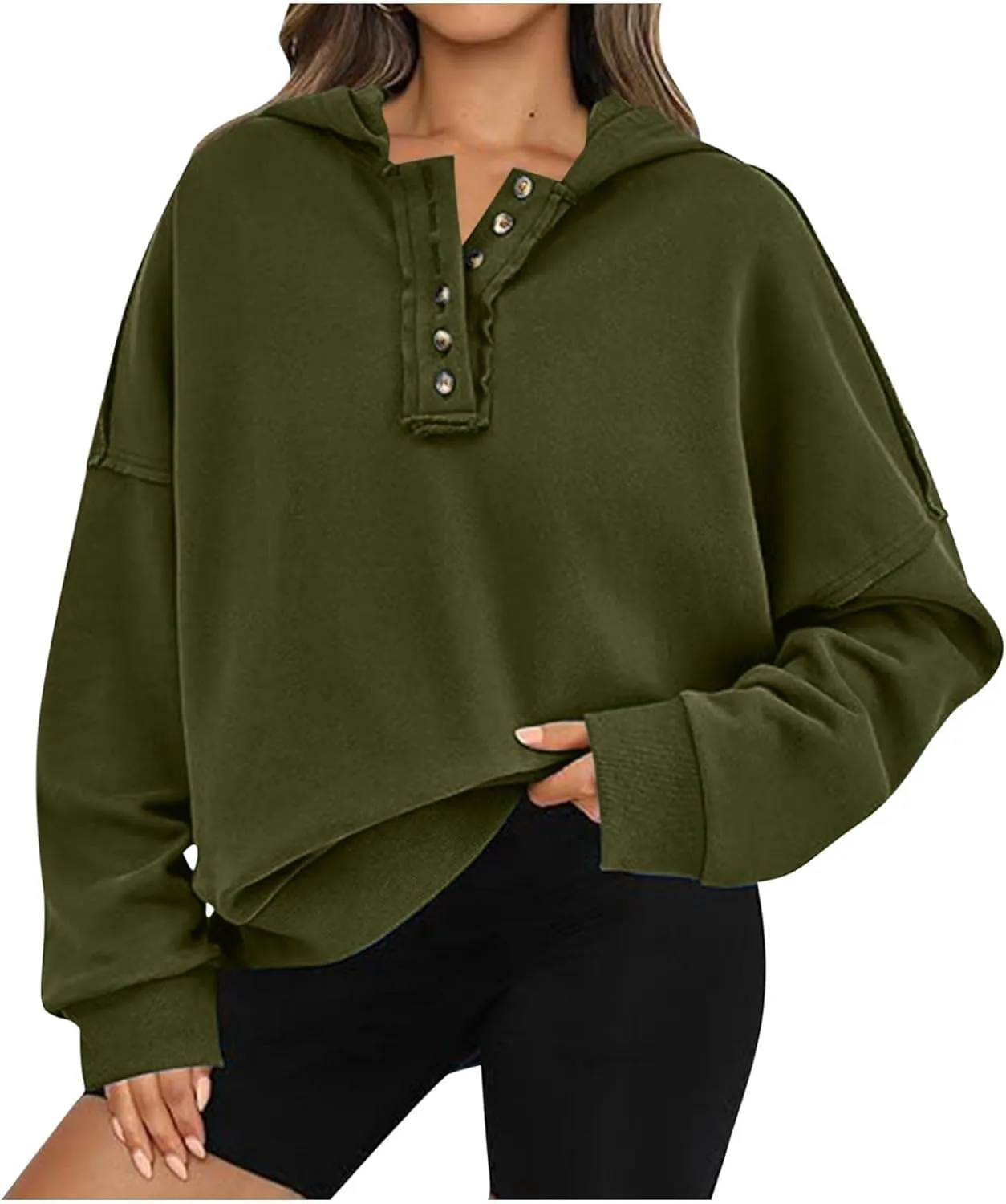 Womens Oversized Sweatshirt Long Sleeve V Neck Button Hoodie Casual Loose Fit Lightweight Sweatshirt Pullover Tops