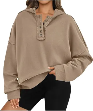 Womens Oversized Sweatshirt Long Sleeve V Neck Button Hoodie Casual Loose Fit Lightweight Sweatshirt Pullover Tops