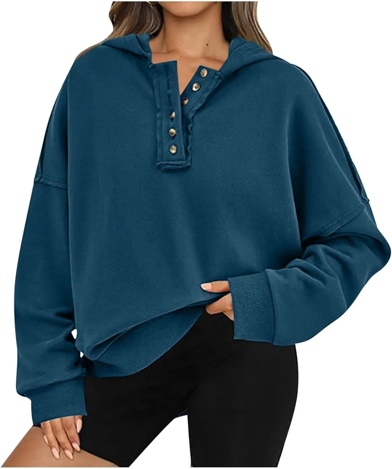 Womens Oversized Sweatshirt Long Sleeve V Neck Button Hoodie Casual Loose Fit Lightweight Sweatshirt Pullover Tops