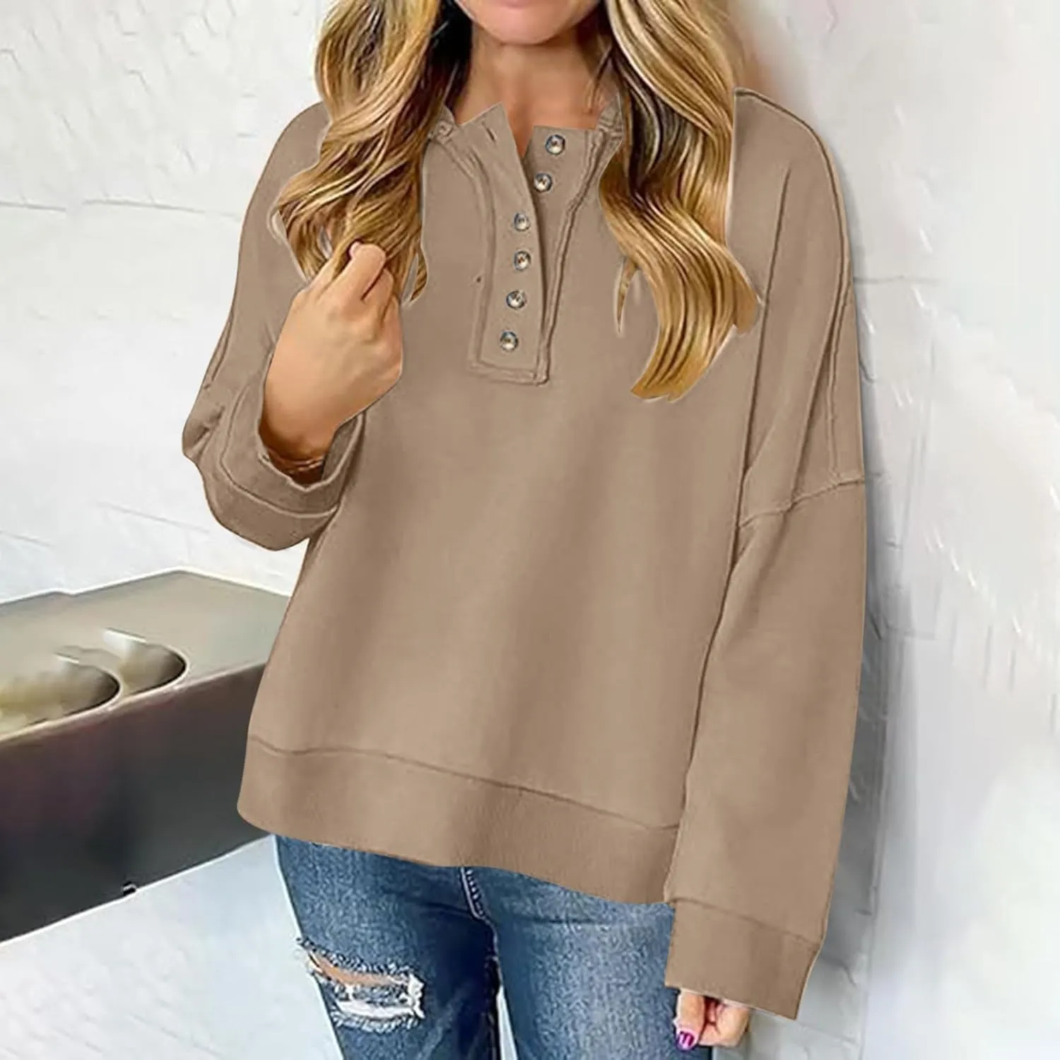 Womens Oversized Sweatshirt Long Sleeve V Neck Button Hoodie Casual Loose Fit Lightweight Sweatshirt Pullover Tops