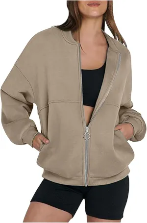 Womens Oversized Sweatshirts Hoodies Zip Up Pullover Fall Cool Outfits Crew Neck Simple Elegant Winter Jack Coat