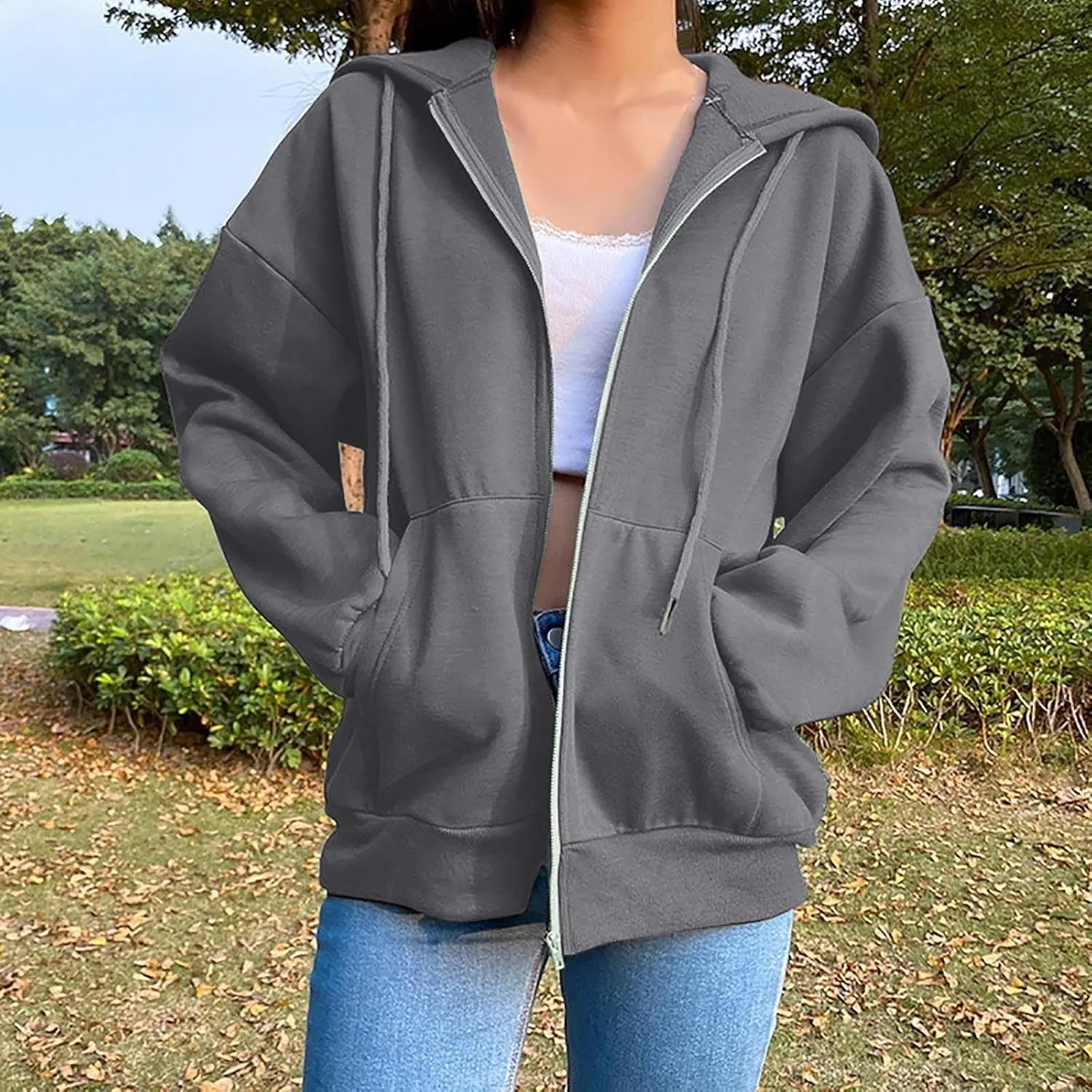 Womens Oversized Zip Up Hoodie Trendy Drawstring Long Sleeve Fall Jackets Casual Teen Girls Y2k Hooded Sweatshirts
