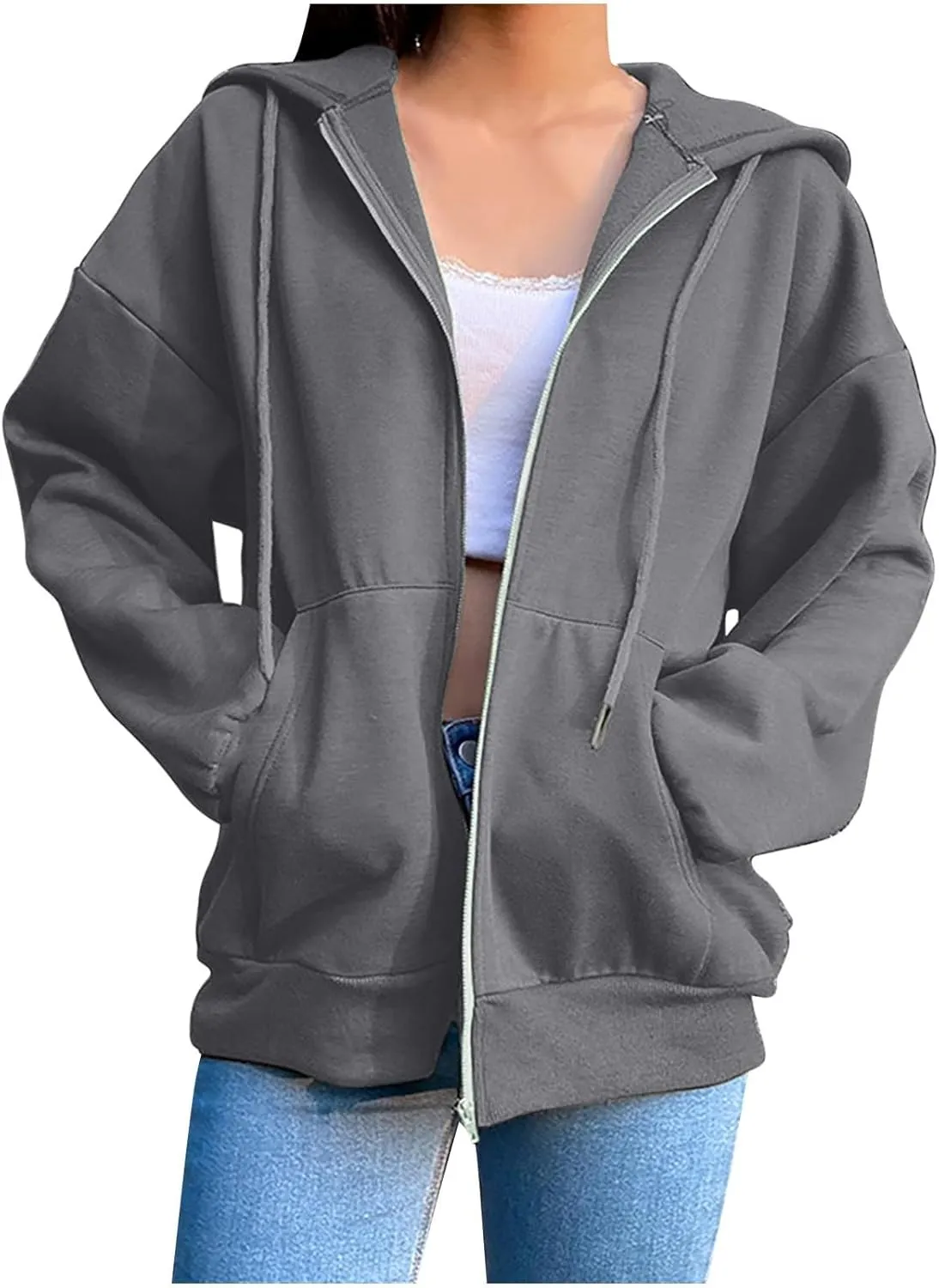 Womens Oversized Zip Up Hoodie Trendy Drawstring Long Sleeve Fall Jackets Casual Teen Girls Y2k Hooded Sweatshirts
