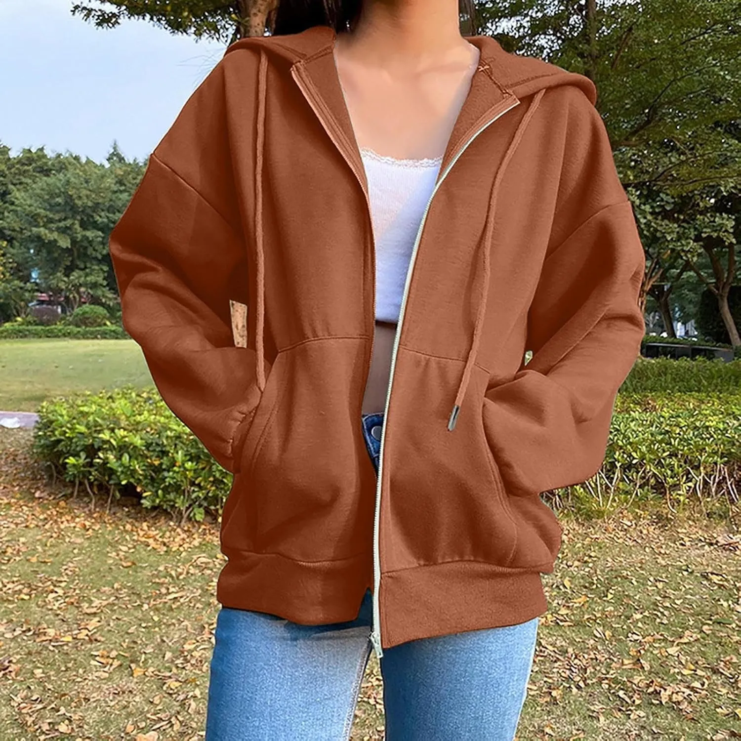 Womens Oversized Zip Up Hoodie Trendy Drawstring Long Sleeve Fall Jackets Casual Teen Girls Y2k Hooded Sweatshirts
