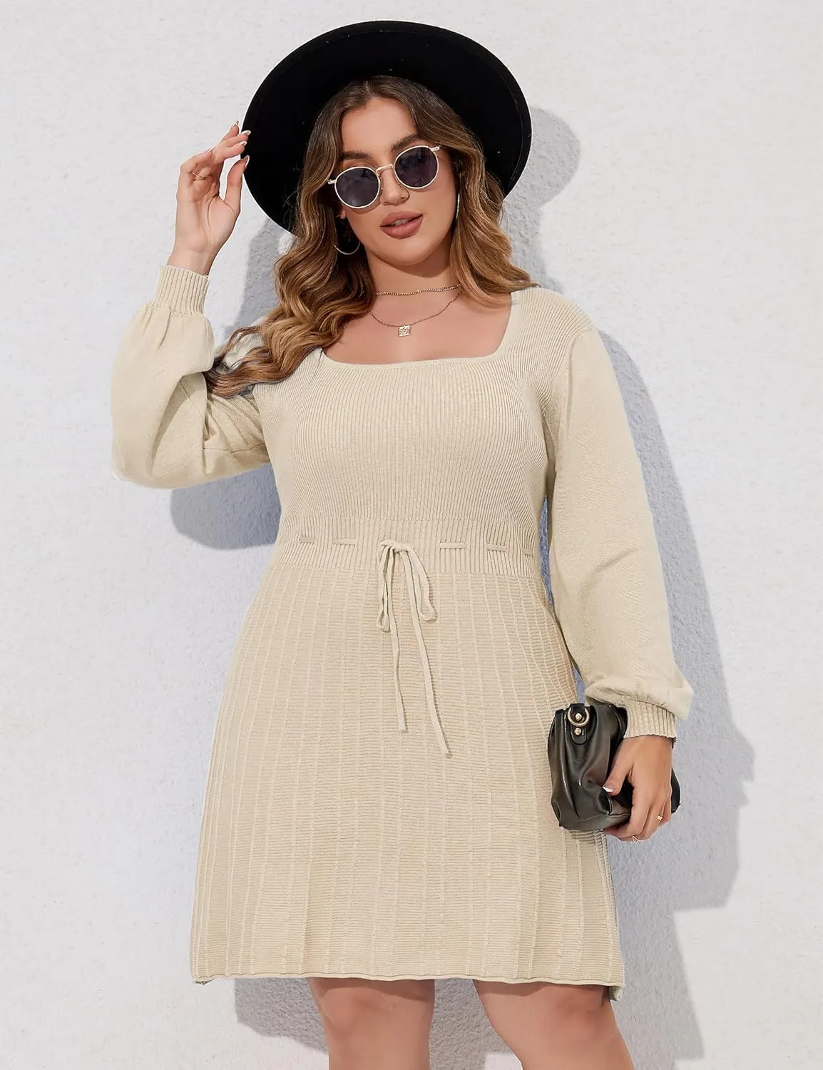 Women's Plus Size Casual Sweater Dress Square Neck Long Lantern Sleeve Tie Waist Loose Pullover Sweater Dresses