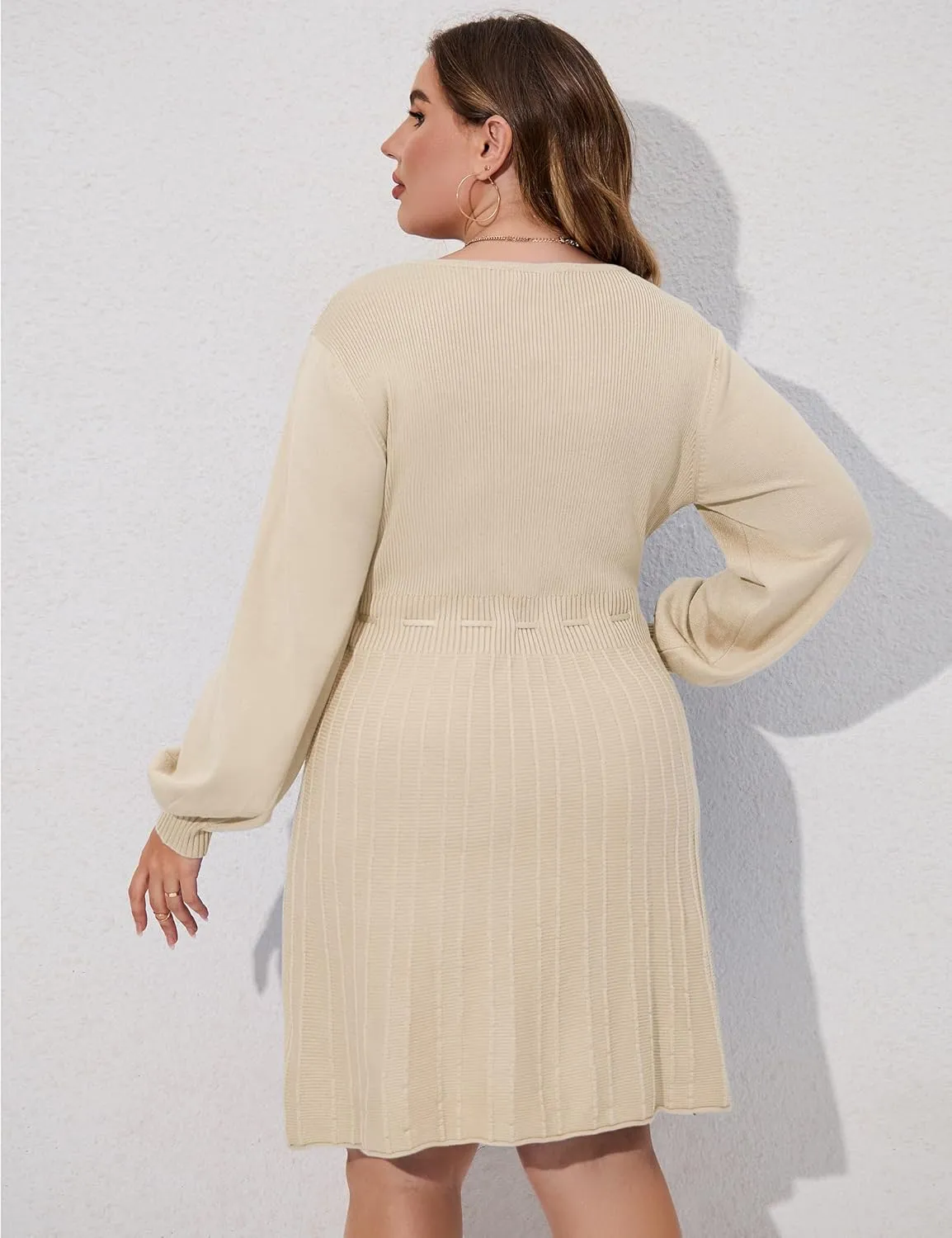 Women's Plus Size Casual Sweater Dress Square Neck Long Lantern Sleeve Tie Waist Loose Pullover Sweater Dresses