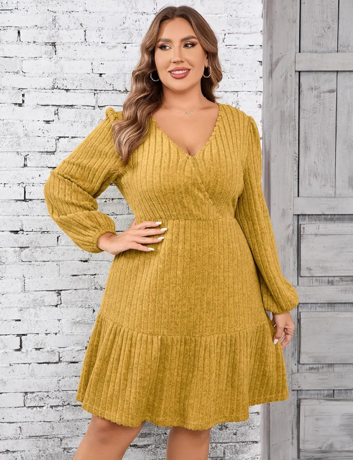 Women's Plus Size Casual Sweater Dress Square Neck Long Lantern Sleeve Tie Waist Loose Pullover Sweater Dresses