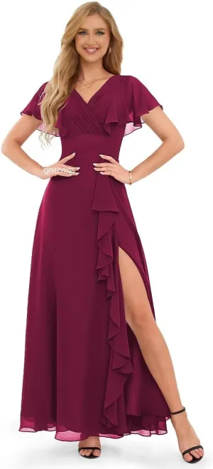 Women's Ruffle Sleeve Bridesmaid Dresses for Women Long Ruffles Split Chiffon Formal Evening Dress with Pockets