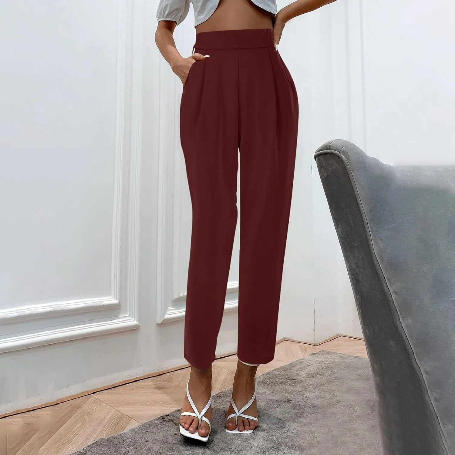 Women's Satin High Waist Pants Casual Pleated Loose Business Trousers Straight Leg Office Slacks Pants with Pockets