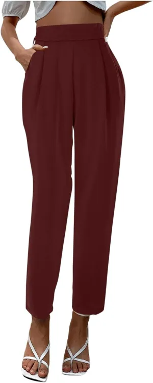 Women's Satin High Waist Pants Casual Pleated Loose Business Trousers Straight Leg Office Slacks Pants with Pockets