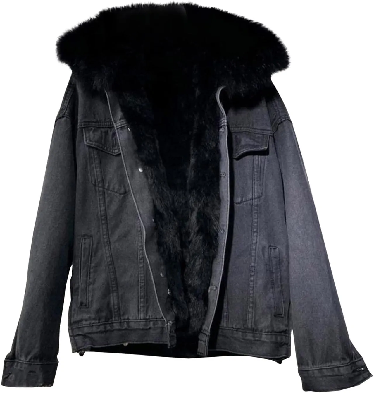 Womens Sherpa Fleece Lined Hoodie Denim Jacket 2022 Winter Jean Jacket Coats Oversized Long Sleeve Trucker Jacket Coat