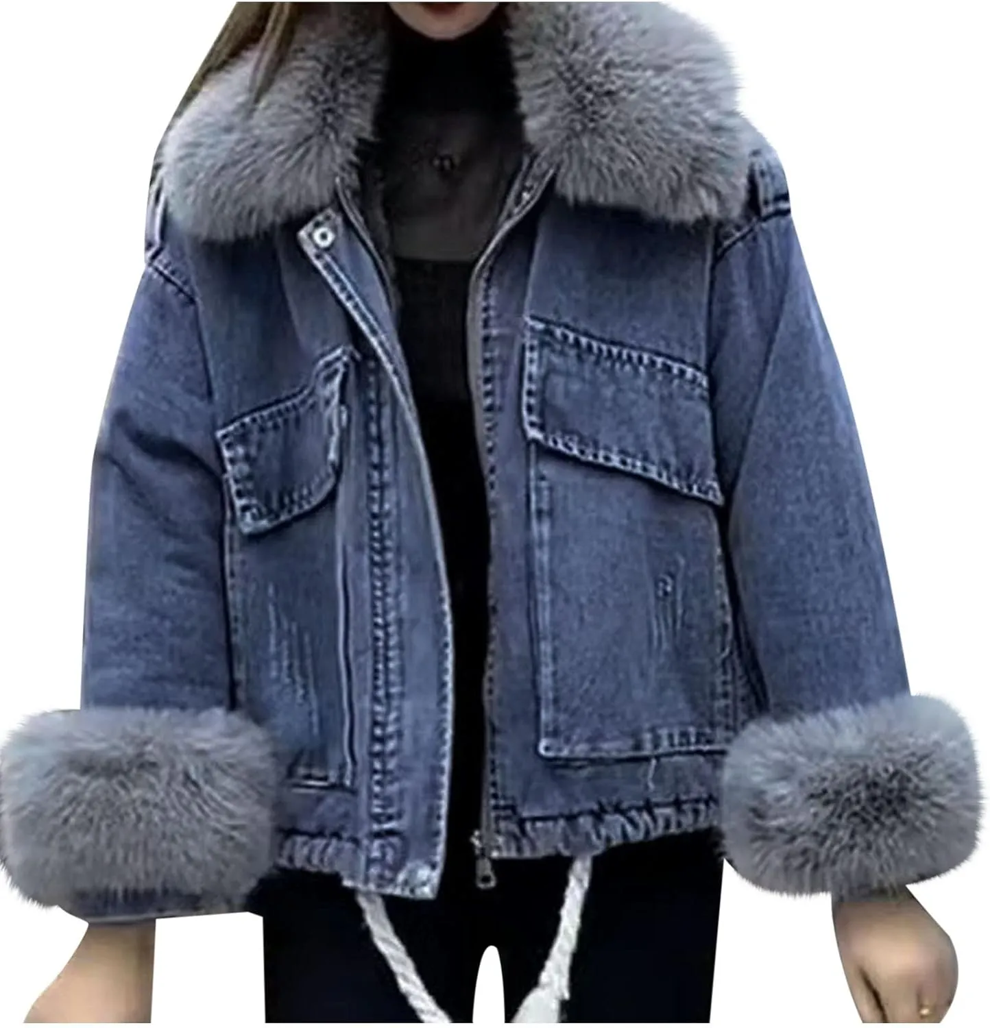 Womens Sherpa Fleece Lined Hoodie Denim Jacket 2022 Winter Jean Jacket Coats Oversized Long Sleeve Trucker Jacket Coat