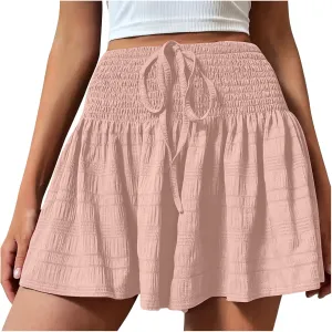 Women's Shorts Casual Summer High Waisted Drawstring Trendy Comfy Skirt Shorts Vintage Solid Color Pleated Soft Pants