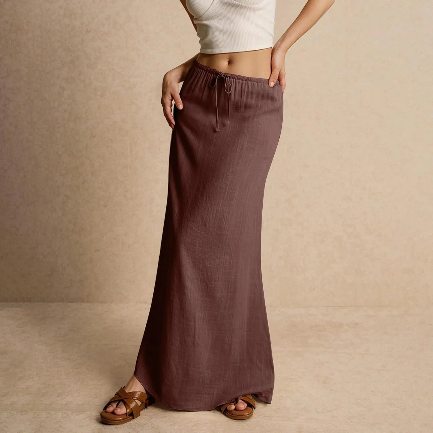 Women's Skirts Summer Long Flowy Skirts Plus Size Womens Linen Maxi Skirt with Slit Beach Comfy Drawstring Low Rise