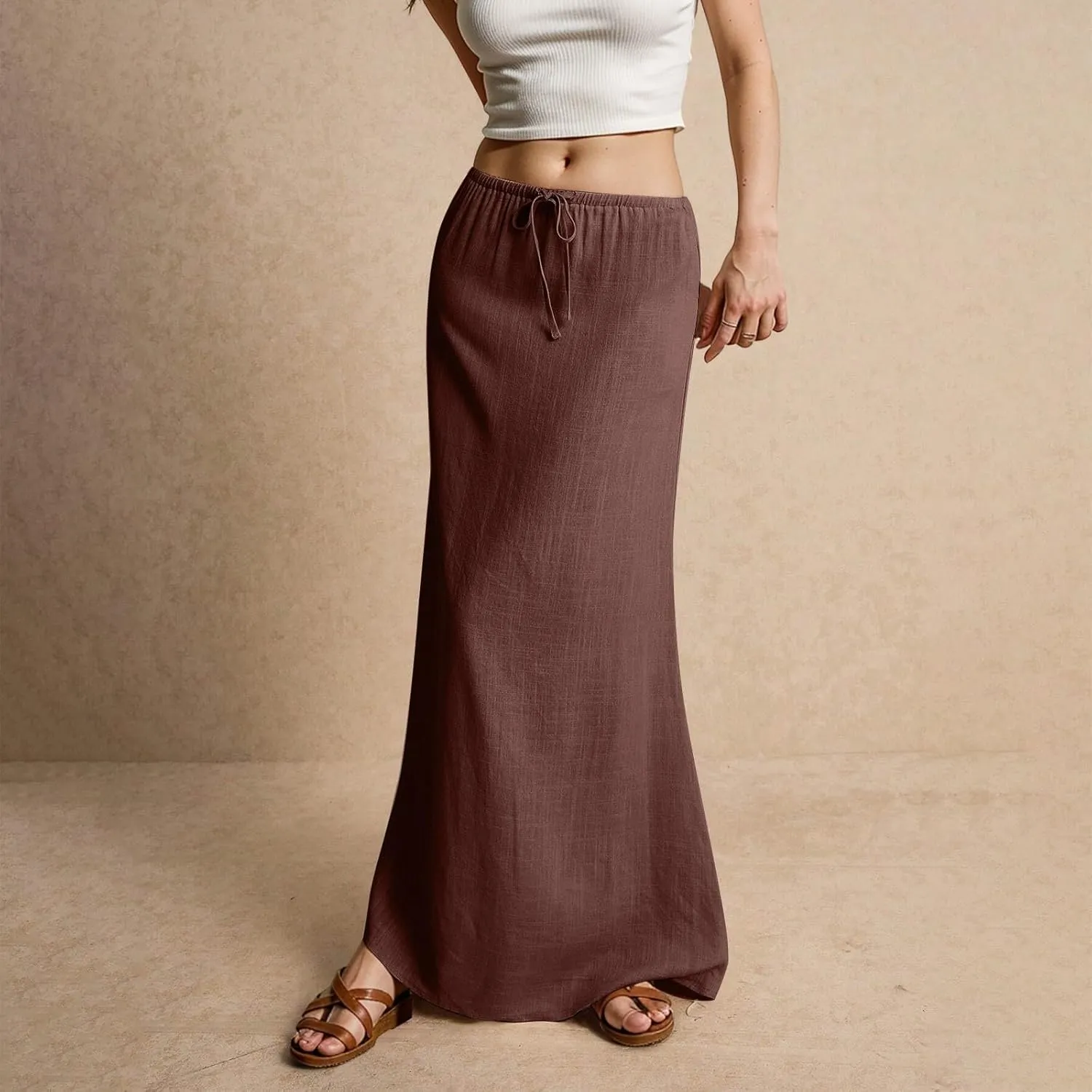 Women's Skirts Summer Long Flowy Skirts Plus Size Womens Linen Maxi Skirt with Slit Beach Comfy Drawstring Low Rise