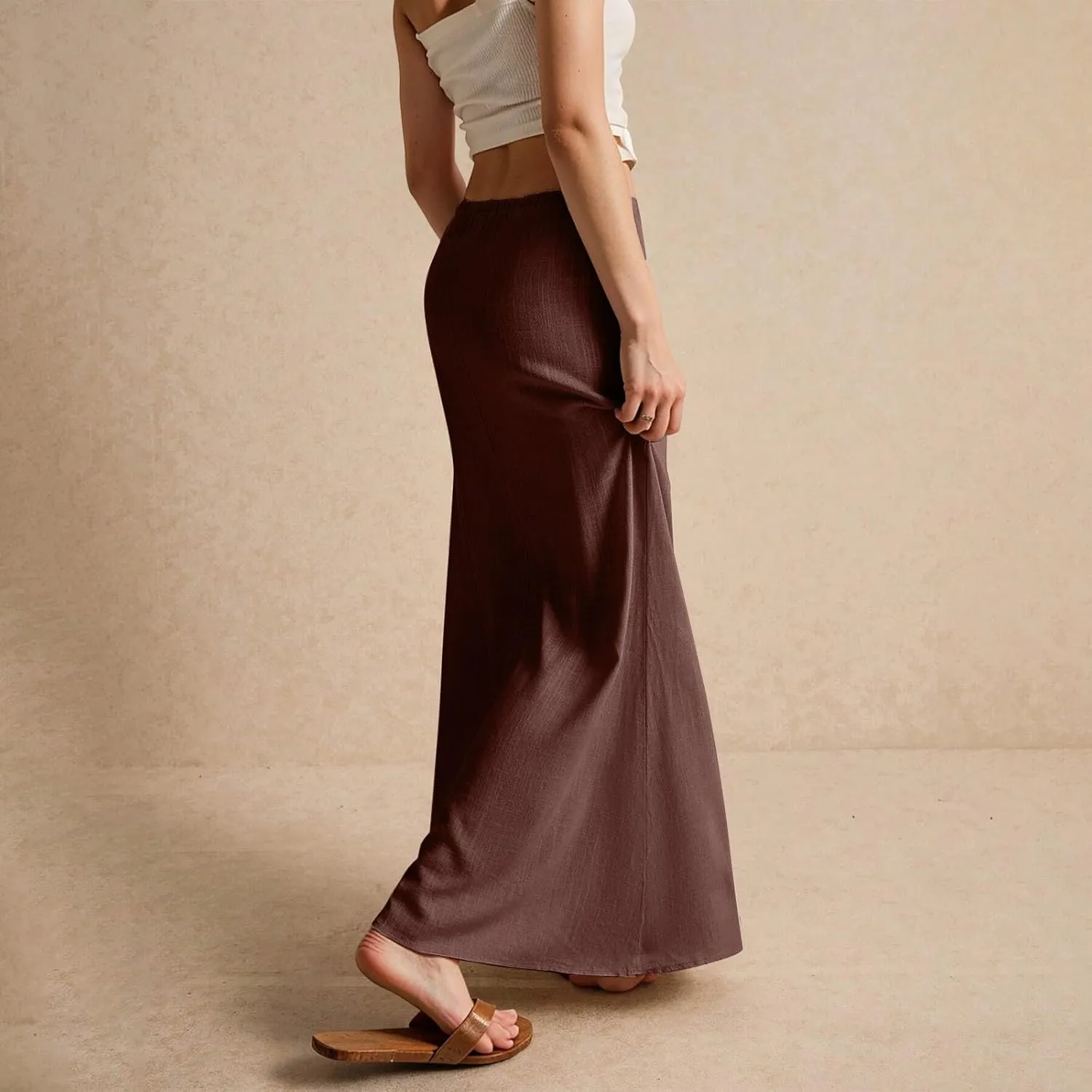 Women's Skirts Summer Long Flowy Skirts Plus Size Womens Linen Maxi Skirt with Slit Beach Comfy Drawstring Low Rise