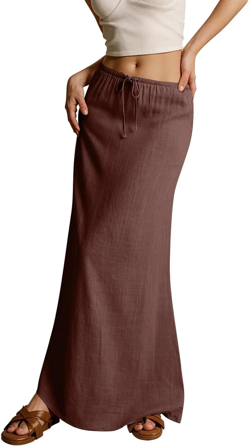 Women's Skirts Summer Long Flowy Skirts Plus Size Womens Linen Maxi Skirt with Slit Beach Comfy Drawstring Low Rise