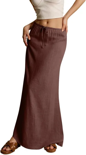 Women's Skirts Summer Long Flowy Skirts Plus Size Womens Linen Maxi Skirt with Slit Beach Comfy Drawstring Low Rise