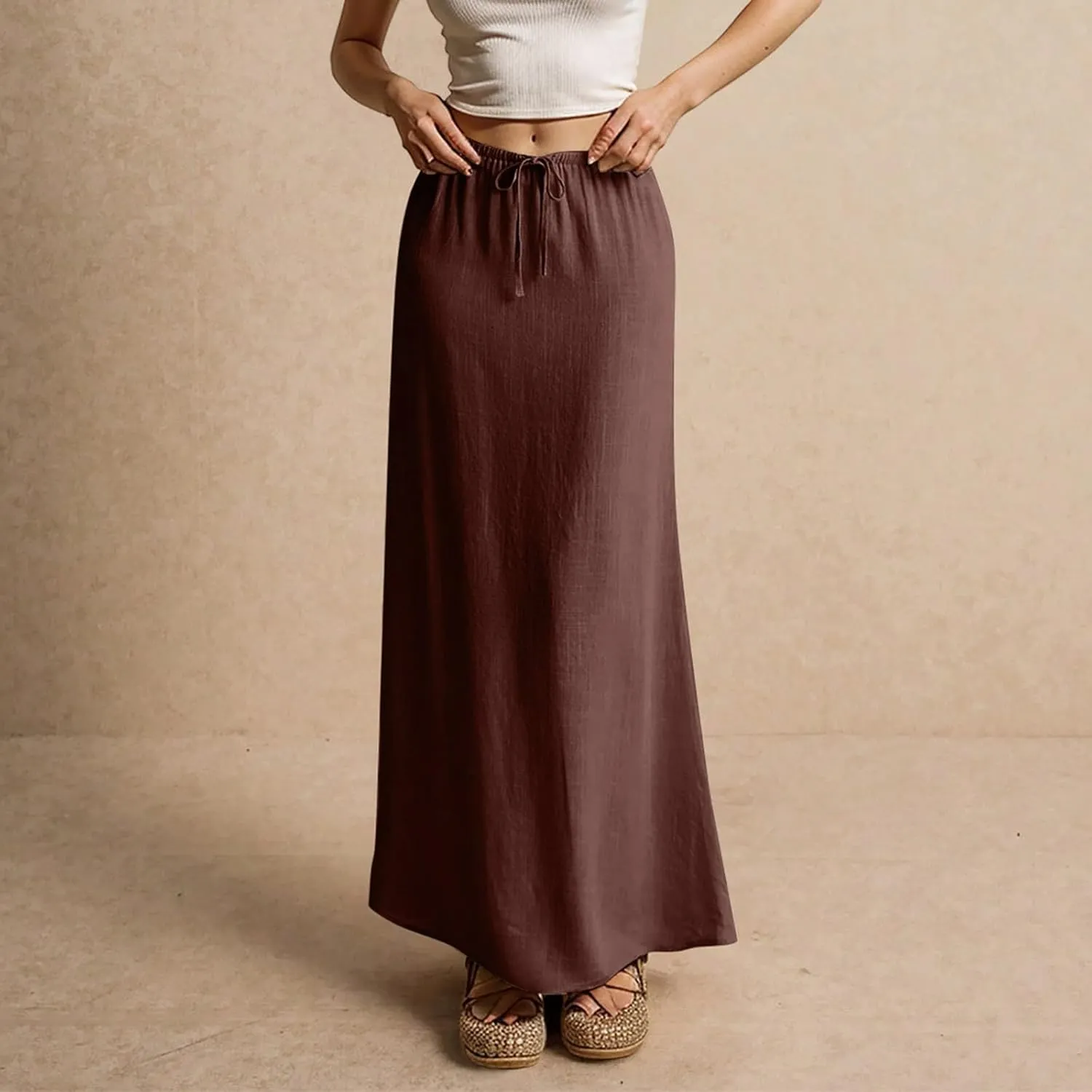 Women's Skirts Summer Long Flowy Skirts Plus Size Womens Linen Maxi Skirt with Slit Beach Comfy Drawstring Low Rise