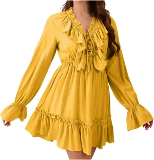 Womens Spring Summer Knot Front V Neck Ruffles Long Sleeve Floral Print Swing Mini Dress 2025 Textured Tiered Ruffle Dresses