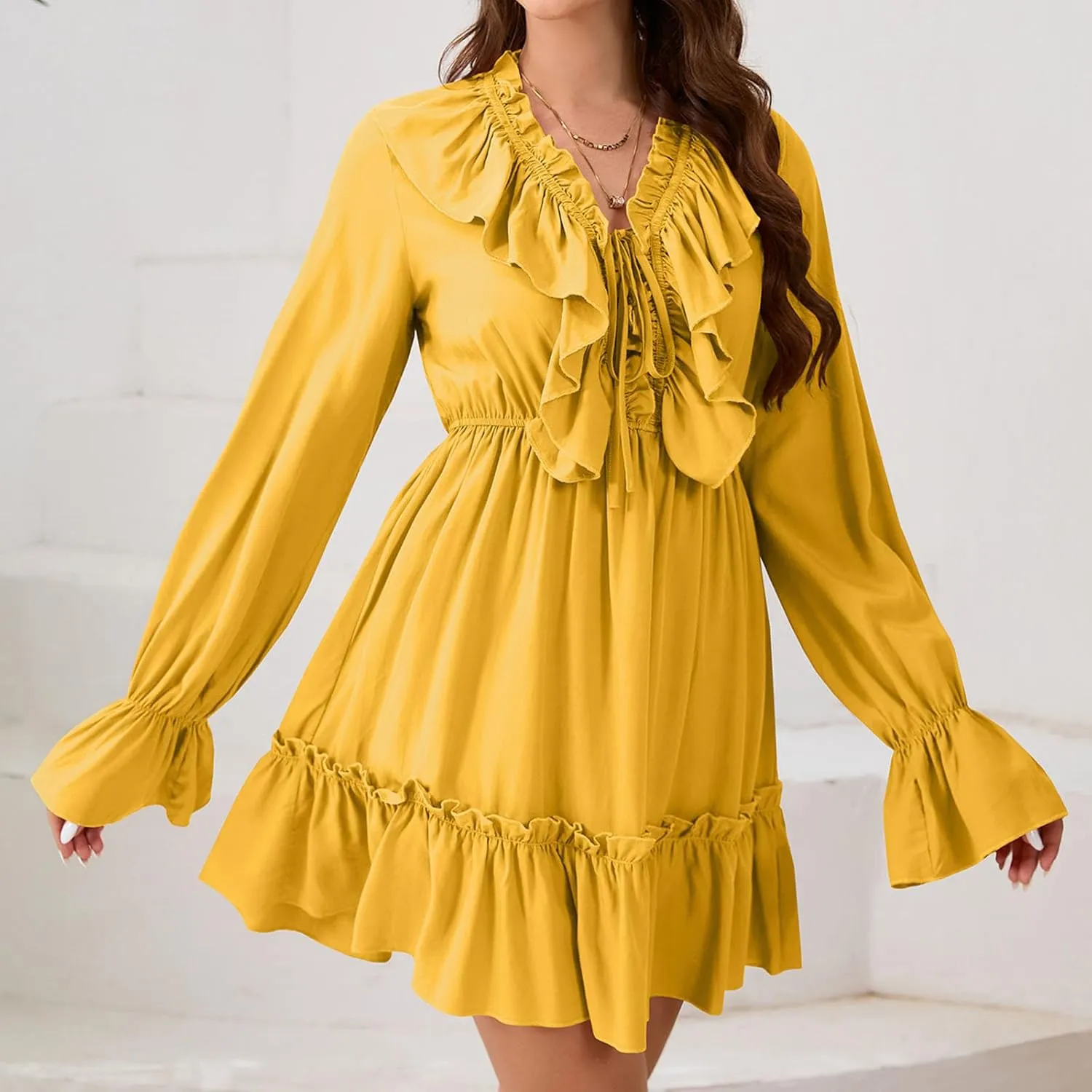 Womens Spring Summer Knot Front V Neck Ruffles Long Sleeve Floral Print Swing Mini Dress 2025 Textured Tiered Ruffle Dresses