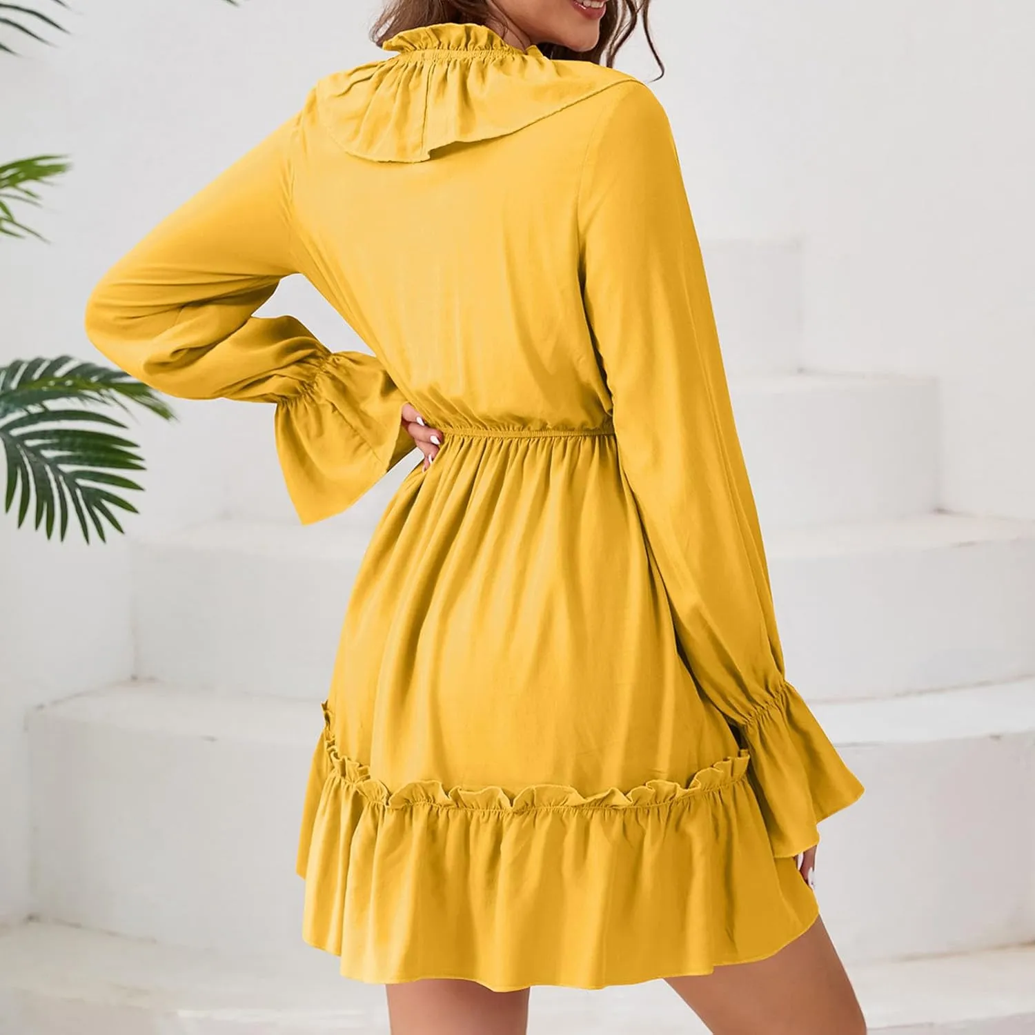 Womens Spring Summer Knot Front V Neck Ruffles Long Sleeve Floral Print Swing Mini Dress 2025 Textured Tiered Ruffle Dresses