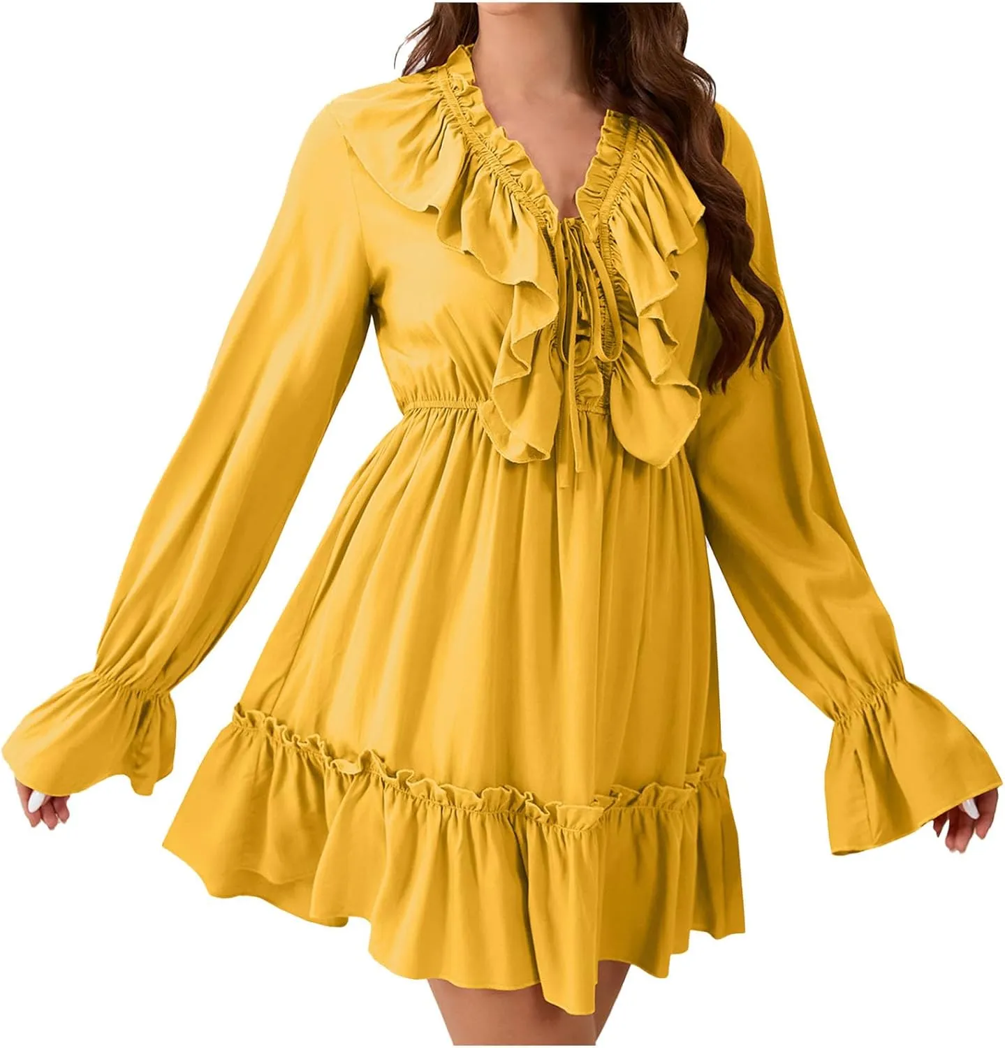 Womens Spring Summer Knot Front V Neck Ruffles Long Sleeve Floral Print Swing Mini Dress 2025 Textured Tiered Ruffle Dresses