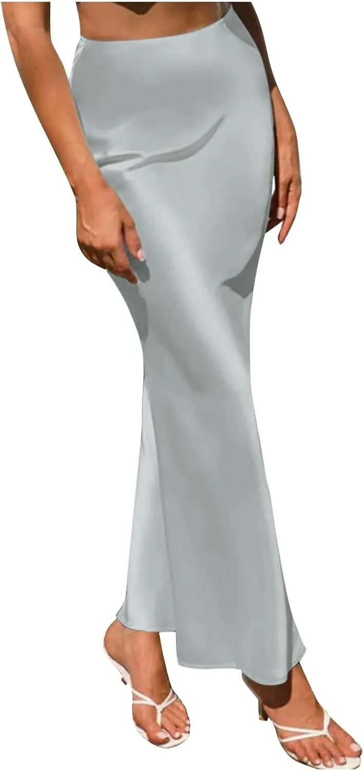 Women's Spring Summer Skirt 2024 Silk Elegant Ruffled Smooth High Waist Cocktail Party Wedding Mermaid Hem Satin Maxi Skirts