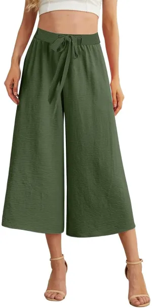 Womens Summer 3/4 Pants Flowy High Waisted Loose Casual Lounge Pant Wide Leg Palazzo Capris Adjustable Pockets S-XXL
