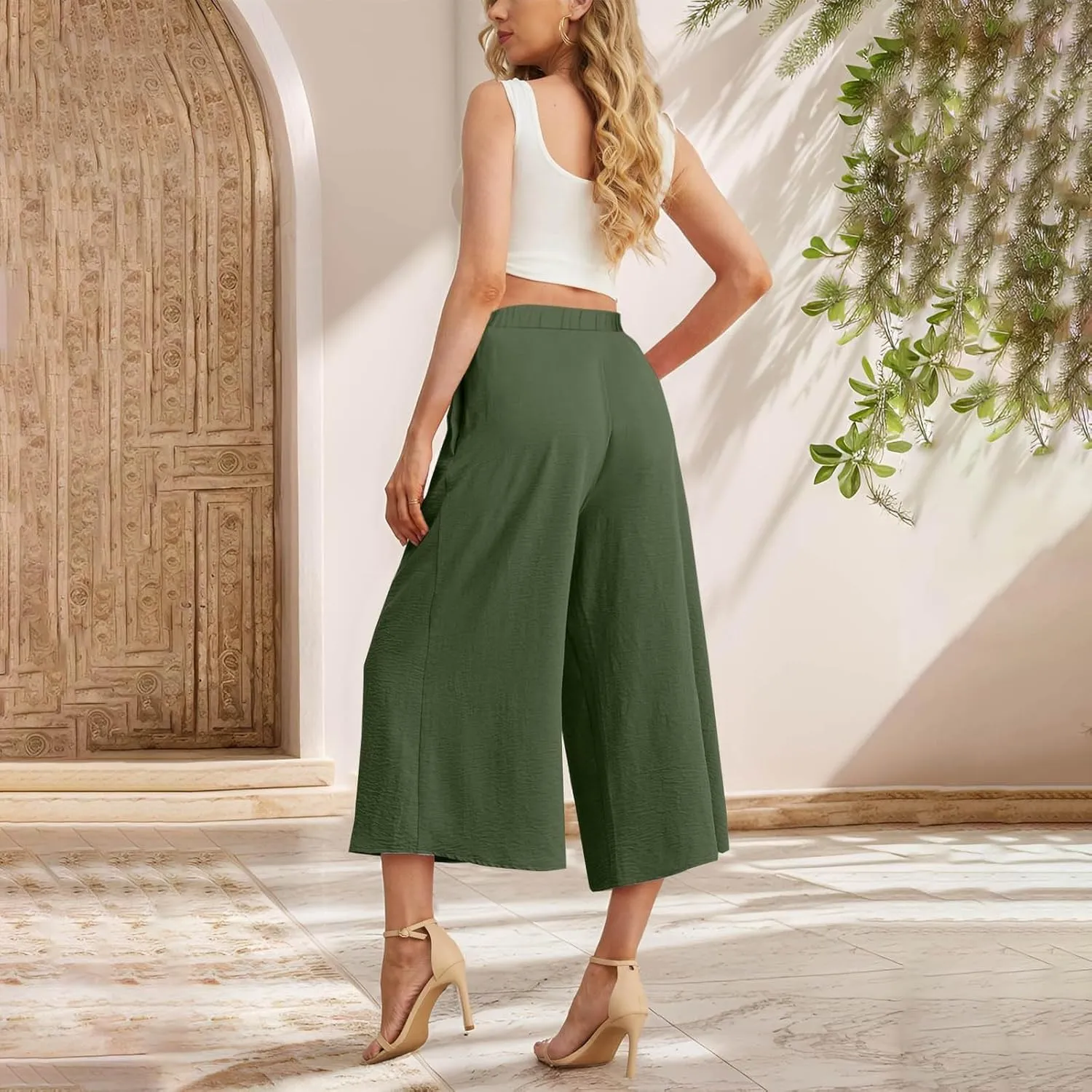 Womens Summer 3/4 Pants Flowy High Waisted Loose Casual Lounge Pant Wide Leg Palazzo Capris Adjustable Pockets S-XXL