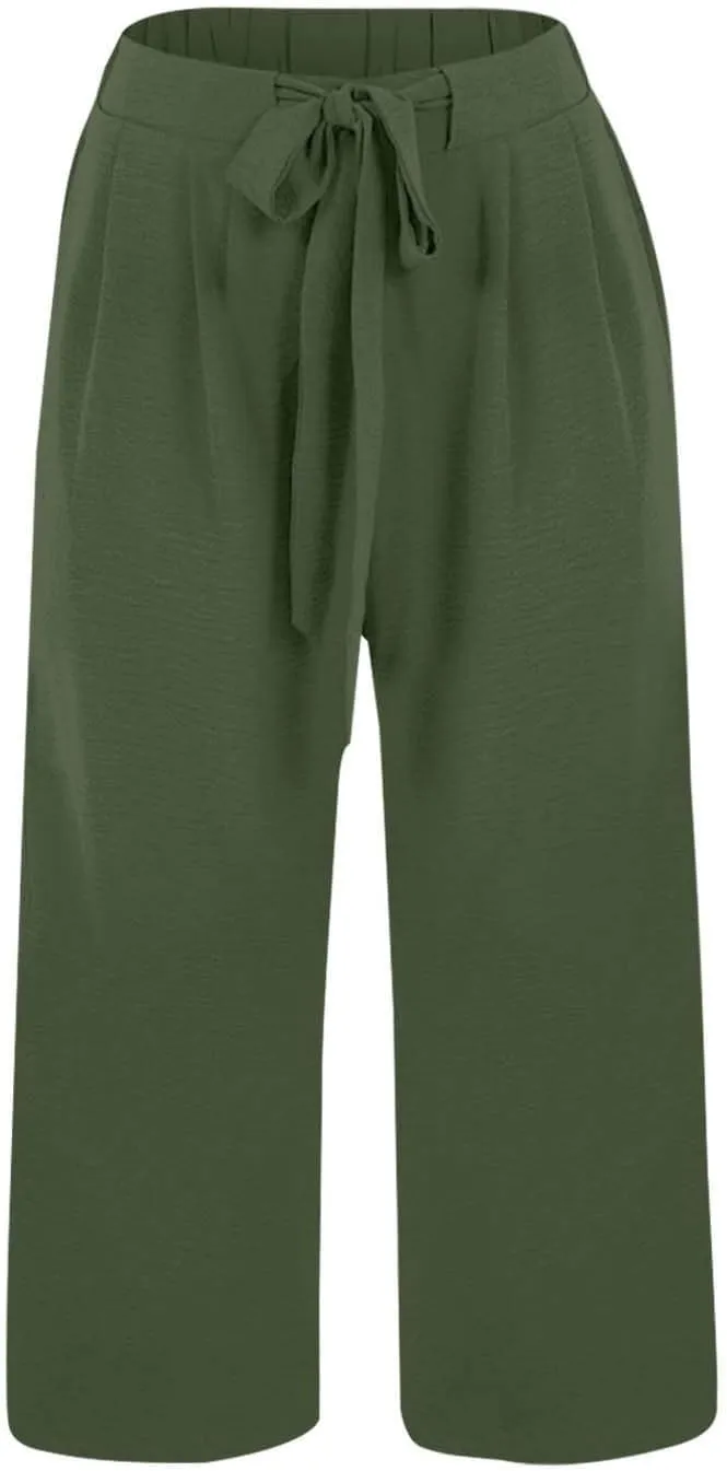 Womens Summer 3/4 Pants Flowy High Waisted Loose Casual Lounge Pant Wide Leg Palazzo Capris Adjustable Pockets S-XXL