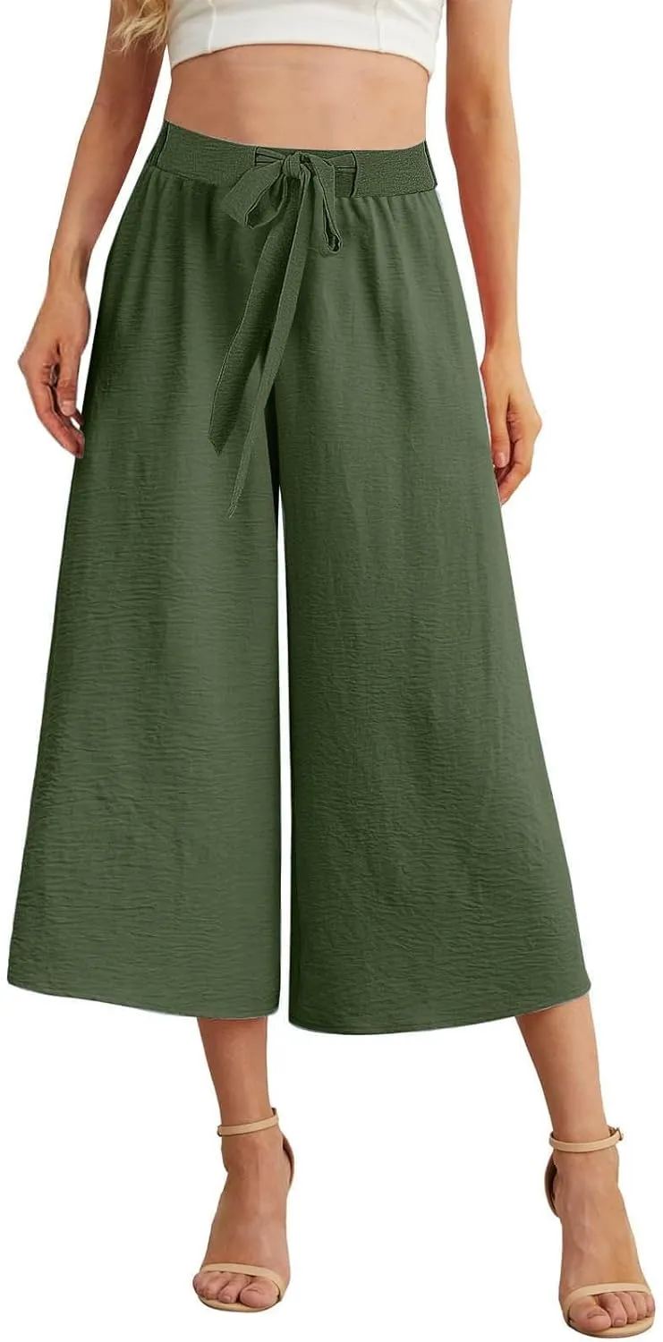 Womens Summer 3/4 Pants Flowy High Waisted Loose Casual Lounge Pant Wide Leg Palazzo Capris Adjustable Pockets S-XXL
